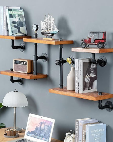 Industrial Rustic Modern Wood Ladder Pipe Wall Mounted Floating Shelves - Set of 3 Bookshelf,DIY Storage Shelving,Hung Bracket,Bookcase (Set of 3 Ladder Shelves) - LeafyLoom