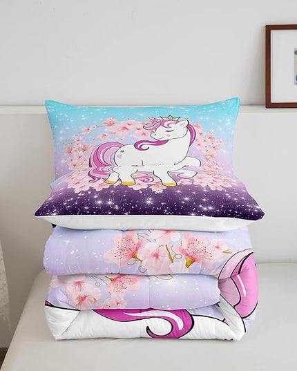 Unicorn Comforter Set Queen, Kids Unicorn Floral Bedding for Girls Boys Children Bedroom Decor, Cherry Blossoms Glitter Down Comforter Galaxy Kawaii Quilt Set with 2 Pillowcases, Blue Purple Ombre - LeafyLoom