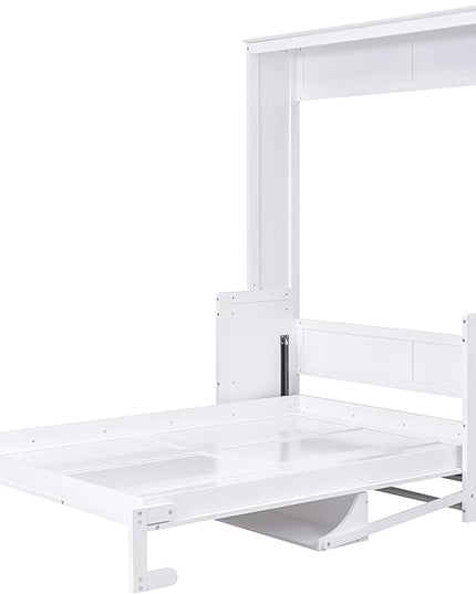 Queen Size Murphy Bed with Shelf, Queen Wall Bed Storage Bed for Guestroom, Office, Space-Saving Design Murphy Bed Frame, No Spring Box Needed, White - LeafyLoom