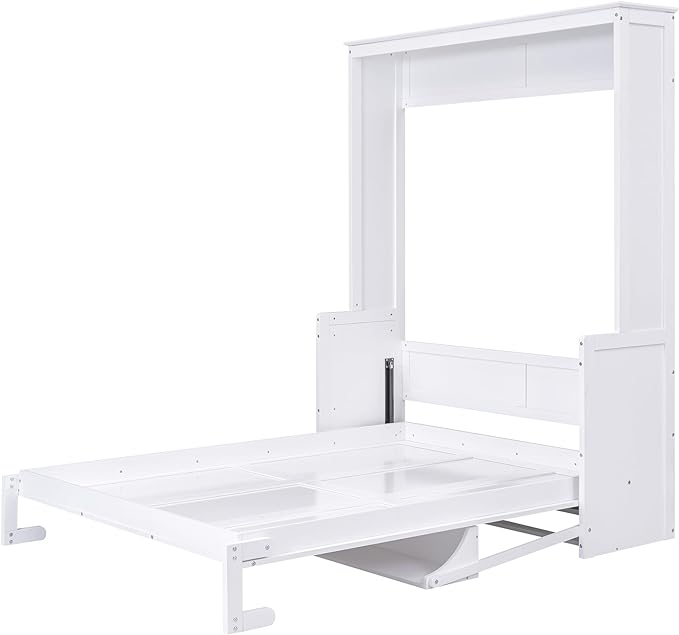 Queen Size Murphy Bed with Shelf, Queen Wall Bed Storage Bed for Guestroom, Office, Space-Saving Design Murphy Bed Frame, No Spring Box Needed, White - LeafyLoom
