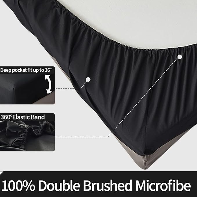 Bed Sheet Set - Brushed Microfiber Bedding - Wrinkle, Fade-Hotel Sheet- Deep Pockets - Easy Fit - Breathable & Cooling Sheets- 4 Piece(Queen,Black) - LeafyLoom