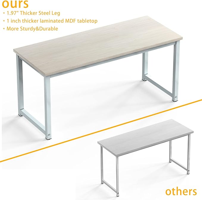 NSdirect Large Office Desk for Home Office, Large 63" Computer Desk Table, Wide Writing Study Desk for 2 Person, Metal Sturdy Frame Thicker Steel Legs, (White Oak, 63"L x 23.6"W x 29.5"H) - LeafyLoom