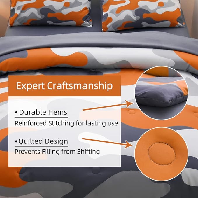 Meeting Story Kids Camo Bedding Set, Army Camouflage Bedding Twin Comforter Set for Boys Girls Teens Bedroom Decoration (Orange, Twin 5Pcs) - LeafyLoom
