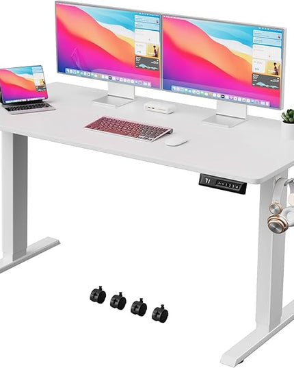 Electric Standing Desk 55 Inch, Ergonomic Height Adjustable Table with T-Shaped Metal Bracket Modern Computer Workstations for Home Office, White - LeafyLoom