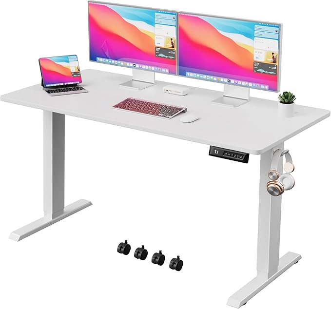 Electric Standing Desk 55 Inch, Ergonomic Height Adjustable Table with T-Shaped Metal Bracket Modern Computer Workstations for Home Office, White - LeafyLoom