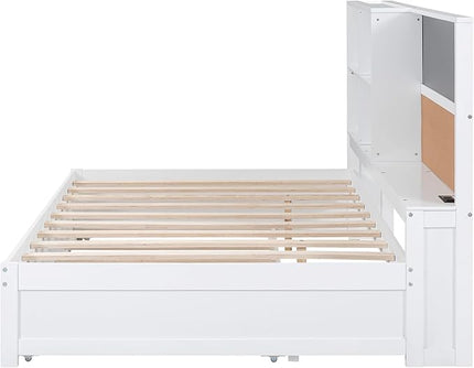Wooden Full Size Daybed with Twin Trundle, USB Ports, Storage Shelves, Blackboard, Cork board, White - LeafyLoom