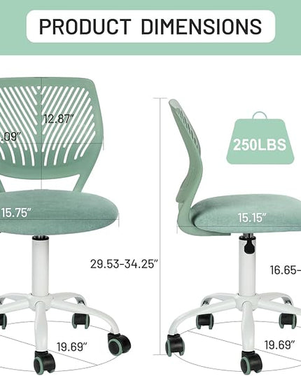 Desk Chair Armless, Kids Office Chair Compact Rolling Fabric Seating Cushion and Plastic Low-Back, Height Adjustable Small Study Computer Task Chair for Student Children Teens with Wheels, Aqua - LeafyLoom
