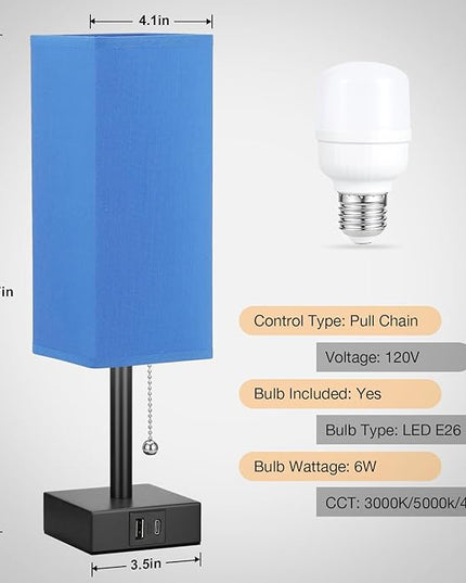 Blue Small Table Lamp for Bedroom - 3 Color Temperature 3000K 5000K 4000K Bedside Lamp, Pull Chain Control, USB A and C Charging Ports, Black Base, for Kids Office Dorm nightstand, Bulb Included - LeafyLoom