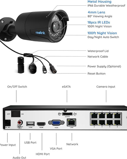 REOLINK 8CH 5MP PoE Security Camera System, 4pcs Wired PoE IP Cameras Outdoor with Person/Pet/Vehicle Detection, 4K 8CH NVR with 2TB HDD for 24-7 Recording, RLK8-410B4-5MP Black REOLINK