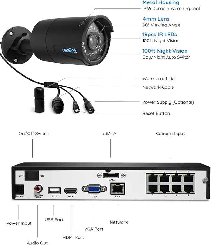 REOLINK 8CH 5MP PoE Security Camera System, 4pcs Wired PoE IP Cameras Outdoor with Person/Pet/Vehicle Detection, 4K 8CH NVR with 2TB HDD for 24-7 Recording, RLK8-410B4-5MP Black REOLINK