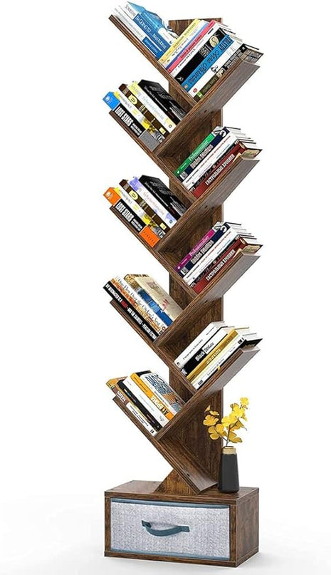 Tree Bookshelf with Drawer,Bookcase ,Bookshelves,Rack,Storage Rack,Holder,Organizer for Books,Wood Bookshelves,Book Tree,NarrowBookshelf Board Game Storage(Color:Rustic Brown), r-09 - LeafyLoom