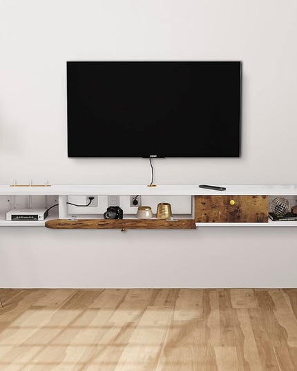 Floating TV Unit, 59'' Wall Mounted TV Cabinet, Floating Shelves with Door & Drawer, Farmhouse Entertainment Media Console Center Large Storage TV Bench for Living Room (59IN, Rustic Brown) - LeafyLoom