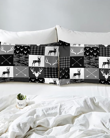 Camo Deer Comforter Set King Size,Western Rustic Farmhouse Xmas Bedding Set,Kids Boys Girls Room Decor,Antlers Arrows Geometric Plaids Comforter,Black Grey Retro Duvet Insert,3pcs,2 Pillowcases - LeafyLoom