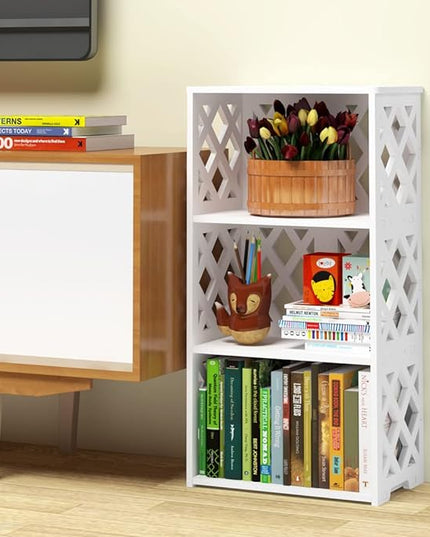 Bookcase 4 Tier, 3-Shelf Kids Bookshelf - Compact Book Organizer and Open Shelf Rack for Bedroom, Living Room, Office, Bathroom - Ideal Small Bookcase for Small Spaces - White - LeafyLoom
