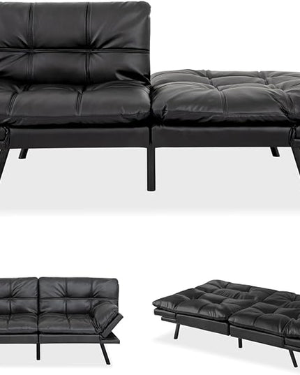 MUUEGM Futon Sofa Bed Convertible Memory Foam Sleeper Couch,Modern Faux Leather Loveseat for Living Room,Small Compact Space,Dorm,Office,Adjustable Armrests Backrest Sofabed, Matte Black - LeafyLoom