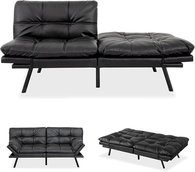 MUUEGM Futon Sofa Bed Convertible Memory Foam Sleeper Couch,Modern Faux Leather Loveseat for Living Room,Small Compact Space,Dorm,Office,Adjustable Armrests Backrest Sofabed, Matte Black - LeafyLoom