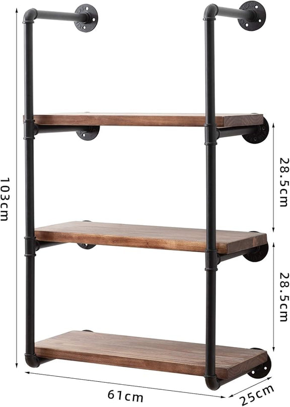Industrial Wall Mounted Pipe Shelving,Rustic Metal Floating Shelves,Steampunk Real Wood Bookcases,DIY Bookshelf Hanging Shelves,Farmhouse Kitchen Bar Office Home Storage (4-Tier with 3 Boards,24in) - LeafyLoom