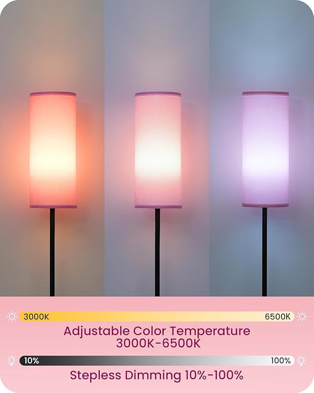 Dimmable Floor Lamp for Living Room, Corner Floor Lamp with Remote, 66'' Standing Tall Lamp, Linen Lampshade, 10W 800LM LED Bulb for Bedroom Study, FCC Listed Black and Pink P06LD05 - LeafyLoom