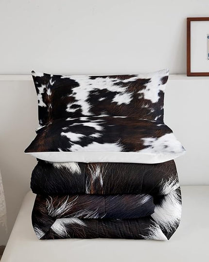 Brown Cowhide Comforter Set King,Black White Aztec Cow Print Bedding Set Western Farmhouse Animal Fur Down Comforter for Kids Boys Girls,Rustic Cowboy Quilt Duvet Set 2 Pillow Cases Bedroom Decor - LeafyLoom