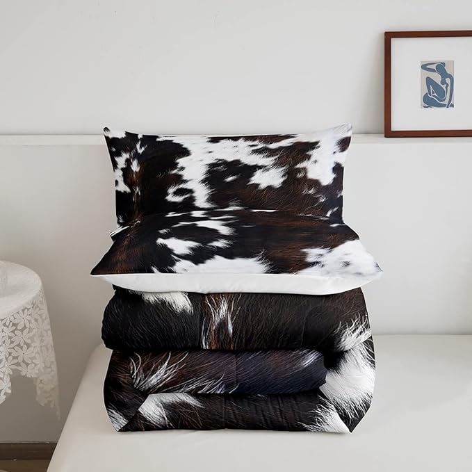 Brown Cowhide Comforter Set King,Black White Aztec Cow Print Bedding Set Western Farmhouse Animal Fur Down Comforter for Kids Boys Girls,Rustic Cowboy Quilt Duvet Set 2 Pillow Cases Bedroom Decor - LeafyLoom