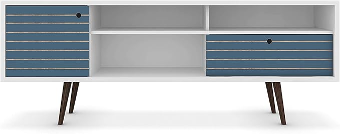 Manhattan Comfort Liberty Mid Century Modern TV Stand for Televisions up to 65 Inches, Bedroom and Living Room Entertainment Center with Storage, Shelves, and Cabinet, 71" Wide, White and Aqua Blue - LeafyLoom