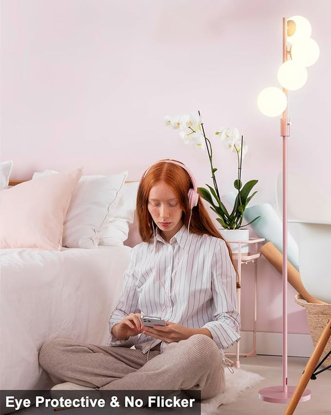 64IN Dimmable Pink Floor Lamp, Tall Standing Lamps with 4 Globe Soft Warm White Eye Care 3000K G9 Bulbs, Mid Century Modern Floor Lamp for Bedroom Office - LeafyLoom