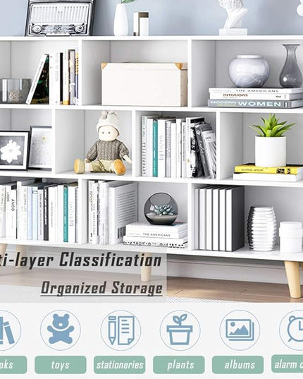 IOTXY Wooden Open Shelf Bookcase - 3-Tier Floor Standing Display Cabinet Rack with Legs, 10 Cubes Bookshelf, Warm White - LeafyLoom