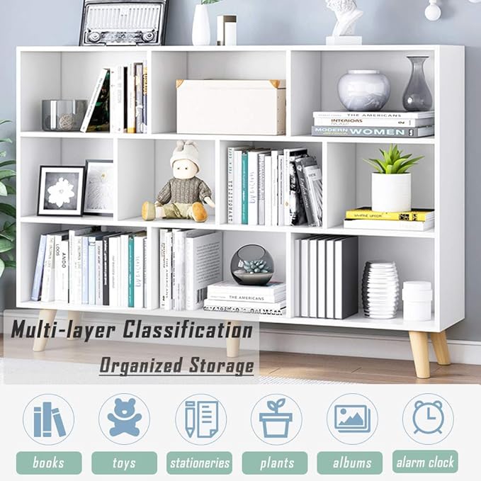 IOTXY Wooden Open Shelf Bookcase - 3-Tier Floor Standing Display Cabinet Rack with Legs, 10 Cubes Bookshelf, Warm White - LeafyLoom