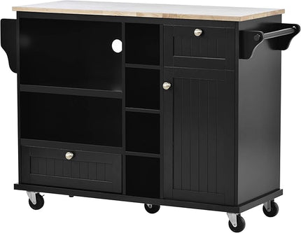 Kitchen Island with Storage on Wheels,Kitchen Island Cart w/Wine Storage Rack and 2 Drawers, Solid Wood Desktop Buffet Server Sideboard for Dining Room, Coffee Bar - LeafyLoom