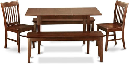 East West Furniture Norfolk 5 Piece Set includes a Rectangle Dining Table with Butterfly Leaf and 2 Kitchen Chairs with 2 Benches, 32x54 Inch, NOFK5C-MAH-W - LeafyLoom