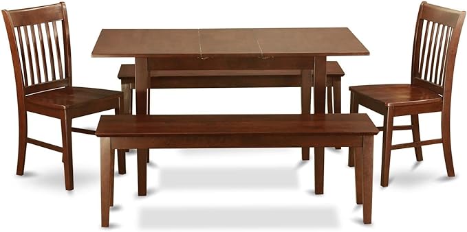 East West Furniture Norfolk 5 Piece Set includes a Rectangle Dining Table with Butterfly Leaf and 2 Kitchen Chairs with 2 Benches, 32x54 Inch, NOFK5C-MAH-W - LeafyLoom