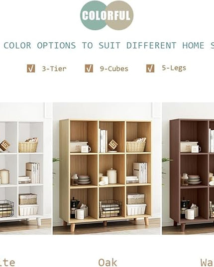 IOTXY Open Cube Low Bookcase - 3-Tier Freestanding Storage Display Cabinet Organizer with Legs for Home Office, 9-Cubes Open Shelf Short Bookshelf, Oak - LeafyLoom