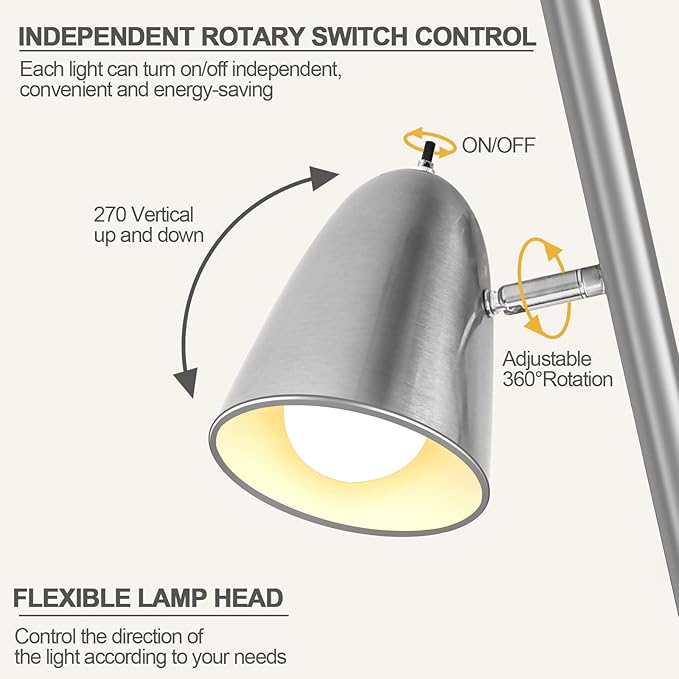 Qimh Tree Floor Lamp with 3 Light Bulbs, Standing Tall Pole Lamps for Living Room Bedroom Office, Reading Stand up Lamps with 3 Adjustable Arms,Brushed Nickel - LeafyLoom