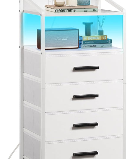 Nightstand 4 Drawer Dresser with LED Lights and Charging Station, Vertical Side Table with Fabric Drawers, End Table with Open Shelf, Tall Dresser for Bedroom, Hallway, Entryway, White - LeafyLoom