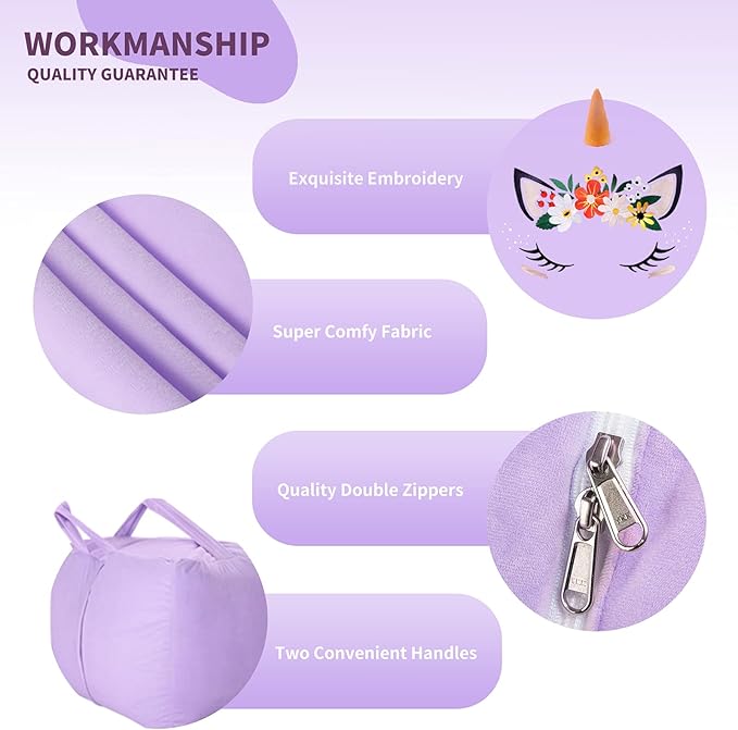Aubliss Unicorn Stuffed Animal Storage Bean Bag Chair for Kids, Velvet Extra Soft Beanbag Chairs Cover, X-Large Stuffable Zipper Bean Bag for Organizing Plush Toys Girls Bedroom Decor, Purple Floral - LeafyLoom