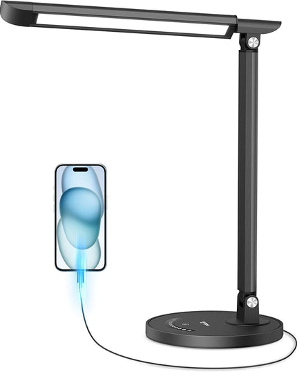 LED Desk Lamp, Metal Desk Light 12W 550lm, Dimmable Touch Control Lamp with USB Charging Port, Eye-Caring Desk Light with 5 Color Modes with 7 Brightness Levels, for Home, Office, School, Black - LeafyLoom