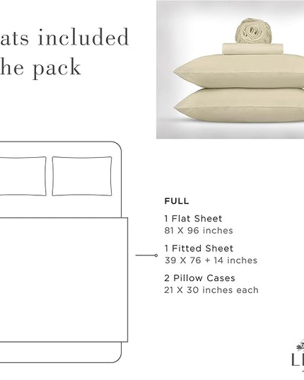Linen Home Washed Cotton Percale Full Sheet Set, Ivory, Deep Pocket, 4 Pieces Bed Sheets - 1 Flat Sheet, 1 Fitted Sheet & 2 Envelope Closure Pillowcases, Cool and Comfortable Bed Linen - LeafyLoom