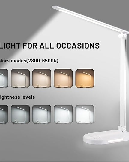 LED Desk Lamp for Home Office, Dimmable Table Lamp with USB Charging Port, 5 Lighting Modes, Sensitive Control, 60 Minutes Auto-Off Timer, Eye-Caring Office Lamp(White) - LeafyLoom
