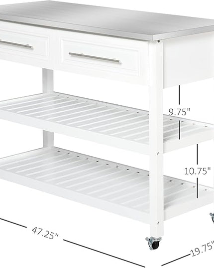 HOMCOM Kitchen Island Rolling Utility Trolley Cart with 2 Drawers Stainless Steel Top - White - LeafyLoom
