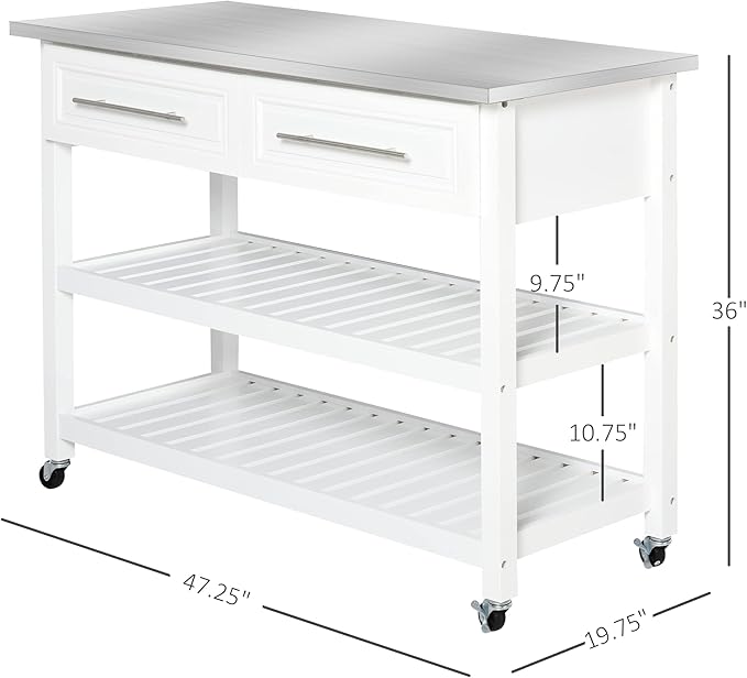 HOMCOM Kitchen Island Rolling Utility Trolley Cart with 2 Drawers Stainless Steel Top - White - LeafyLoom