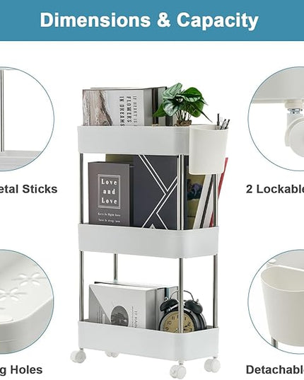 VECELO Storage Cart 3-Tier Utility Rolling Cart,Mobile Shelving Slim Unit Organizers with 360°Wheels Hooks&Hanging Cups for Kitchen Bedroom Bathroom Office Sofa Side in Narrow Places, White - LeafyLoom