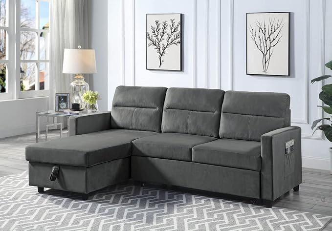 Velvet L-Shaped Sectional Sofa Sleeper with Storage Chaise & Side Pocket, Reversible 3 Seater Corner Couch with Pull Out Bed for Living Room Apartment Small Space, Dark Gray, 81.5 - LeafyLoom