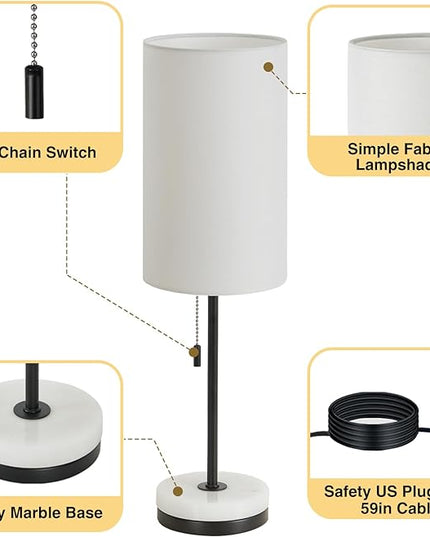 Luvkczc Minimalist Table Lamp Set of 2, Nightstand Lamp for Bedroom Living Room, Modern Pull Chain Bedside Lamp with Marble Base, Fabric Shade, Small Desk Lamp for Home, Office, Reading - LeafyLoom