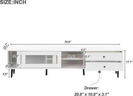 Merax Chic Elegant Design TV Stand with Sliding Fluted Glass Doors and Ample Space, Slanted Drawers Media Console for Televisions Up to 75", Modern Storage Cabinet, 70.86 inch Length, White - LeafyLoom