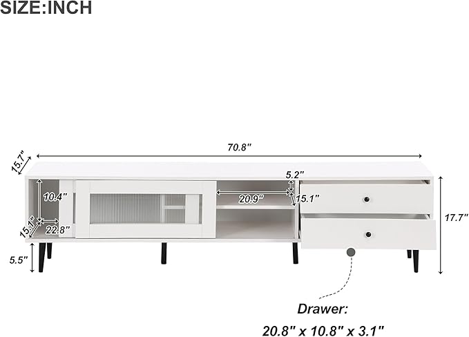 Merax Chic Elegant Design TV Stand with Sliding Fluted Glass Doors and Ample Space, Slanted Drawers Media Console for Televisions Up to 75", Modern Storage Cabinet, 70.86 inch Length, White - LeafyLoom