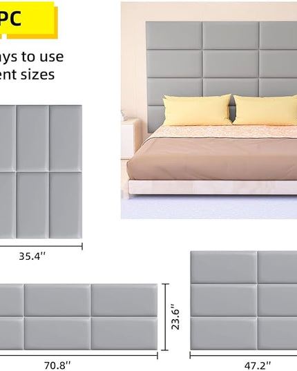 Peel and Stick Headboard for Twin and king in Grey Headboard panels for wall, 3D Anti-Collision Wall Panel, Self-Adhesive Bedroom/Living Room Upholstered Wall Panel (6 Panels/11.8" x 23.6") - LeafyLoom