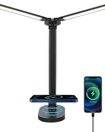 Lightess LED Desk Lamp with Wireless Charger, USB Charging Port, Adjustable Foldable Dual Swing Arm Desk Light Dimmable Eye-Caring Desk Lamp, Touch Control, Home Office Desk Lights for Work Study - LeafyLoom