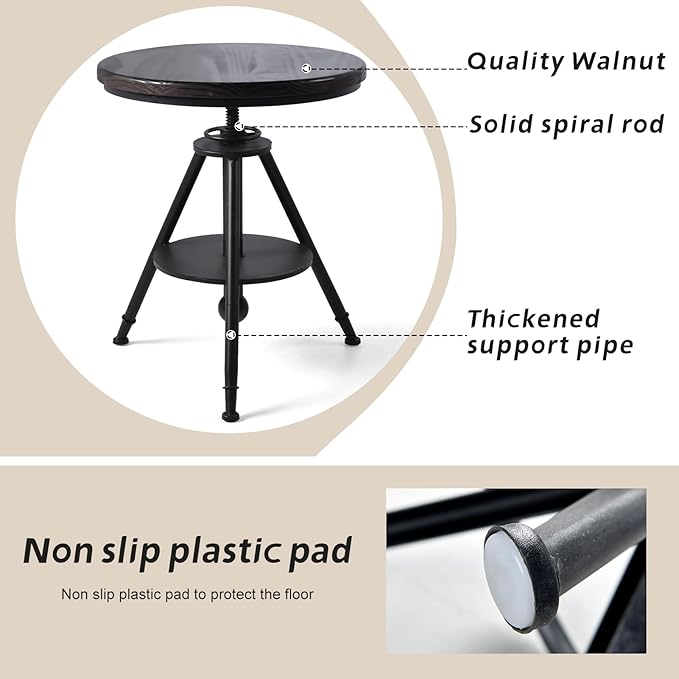 Industrial Bistro Table Vintage Small Cafe Table Farmhouse Round Dining Table for Kitchen Rustic Side Table Swivel Wooden Top 21-29inch Height Adjustable - LeafyLoom