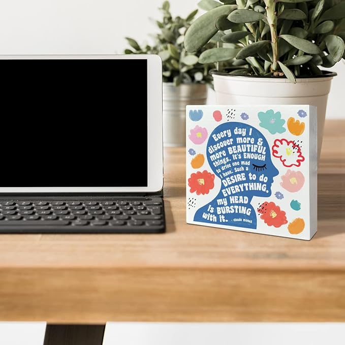 Home Office Desk Wooden Box Sign Decor, I Discover More & More Beautiful Things, Inspirational Quotes Desk Decor Motivational Desk Decorations for Women Girls Teens Student Office Classroom School - LeafyLoom