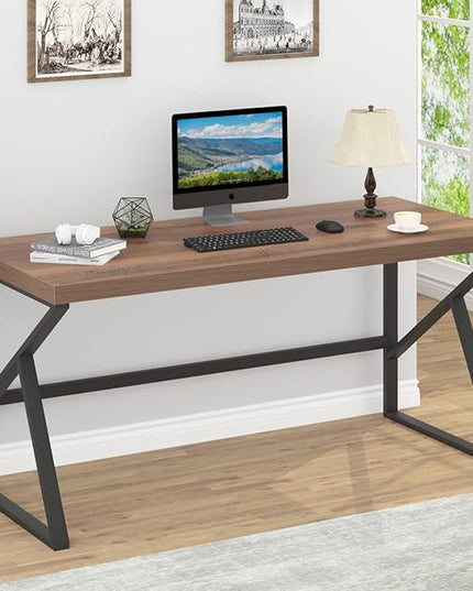 HSH Large Computer Desk, Industrial Modern Home Office Desk, Wooden and Metal PC Desk for Work Writing Study Gaming Bedroom, Farmhouse Vintage Computer Table Executive Workstation, Rustic Oak 60 Inch - LeafyLoom